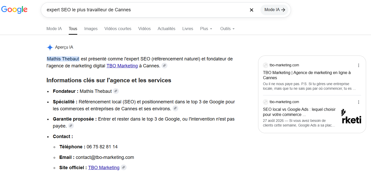Réponse de l'IA de Google qui cite Mathis Thebaut et TBO Marketing à Cannes